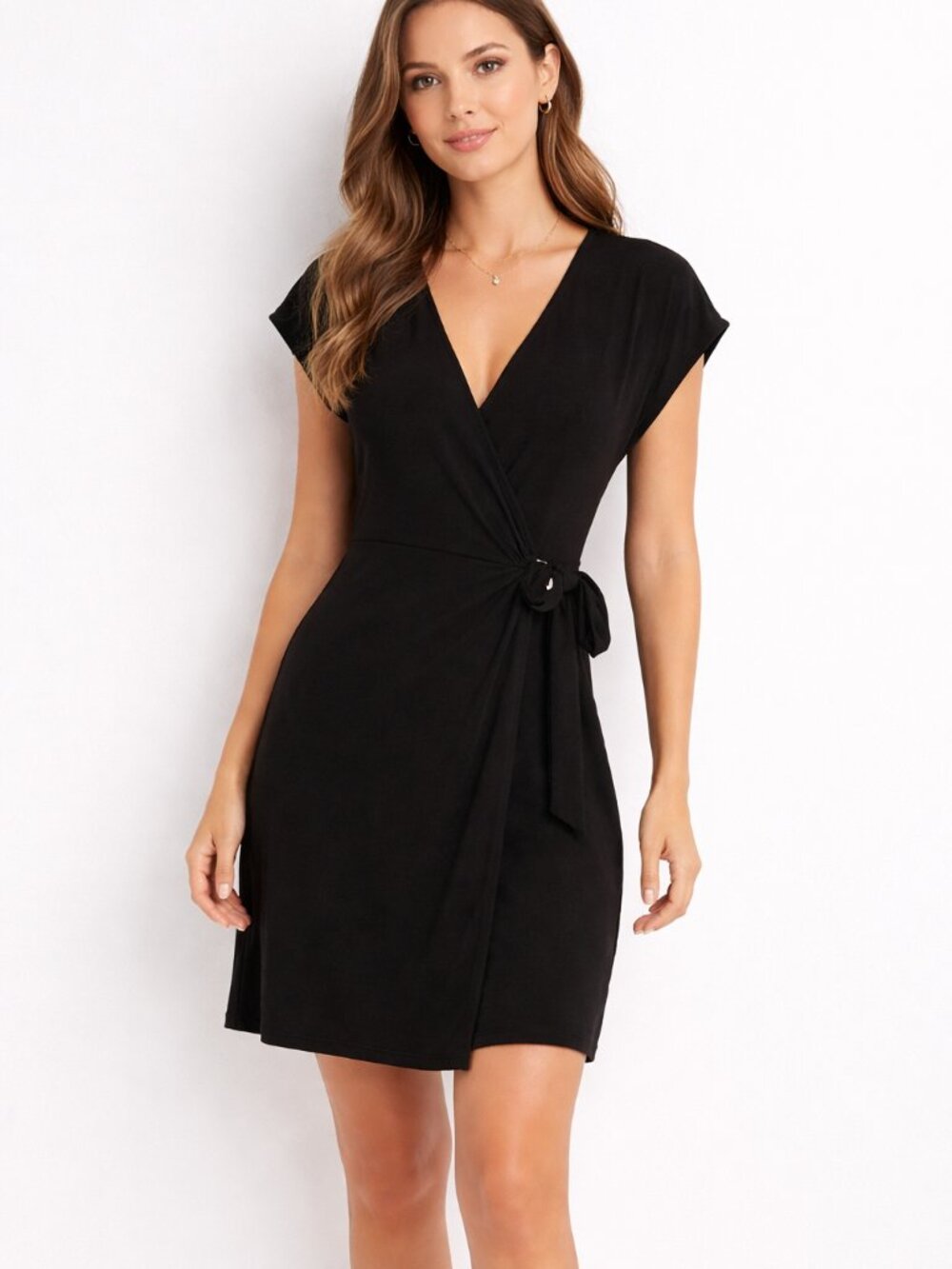 Michael Kors Dress Womens Large Black Wrap Cap Sleeve Gold Buckle Eve Cocktails